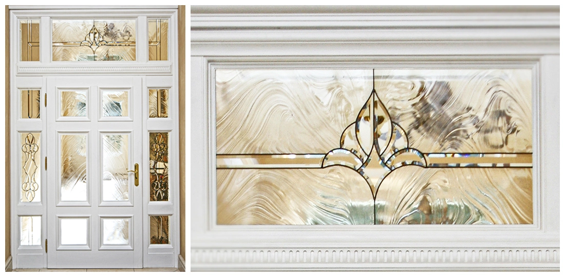 drzwi z nadstawką z witrażami z zastosowaniem szyb szlifowanych