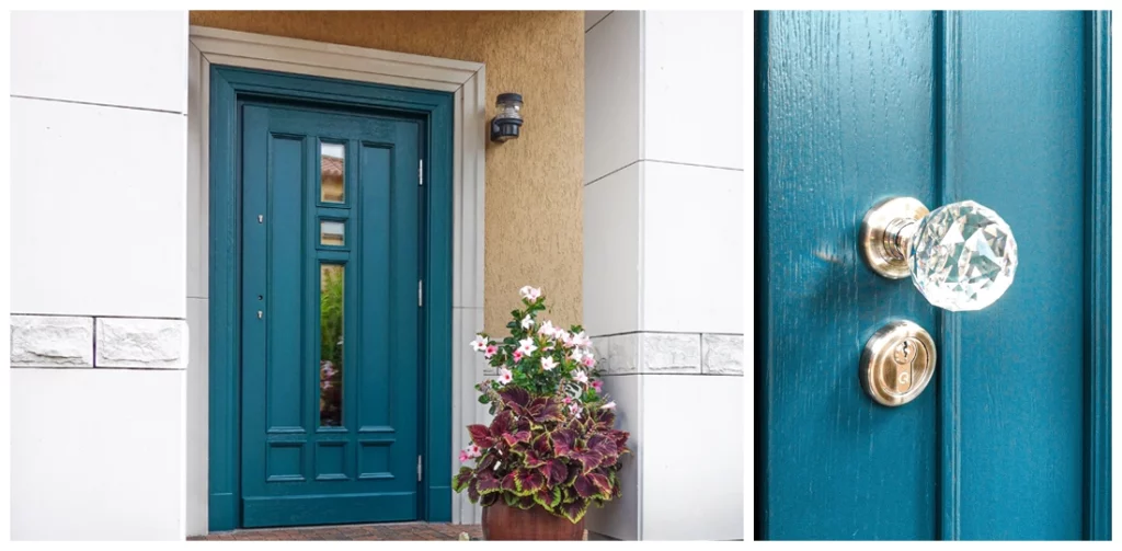 drzwi dębowe w turkusowym kolorze